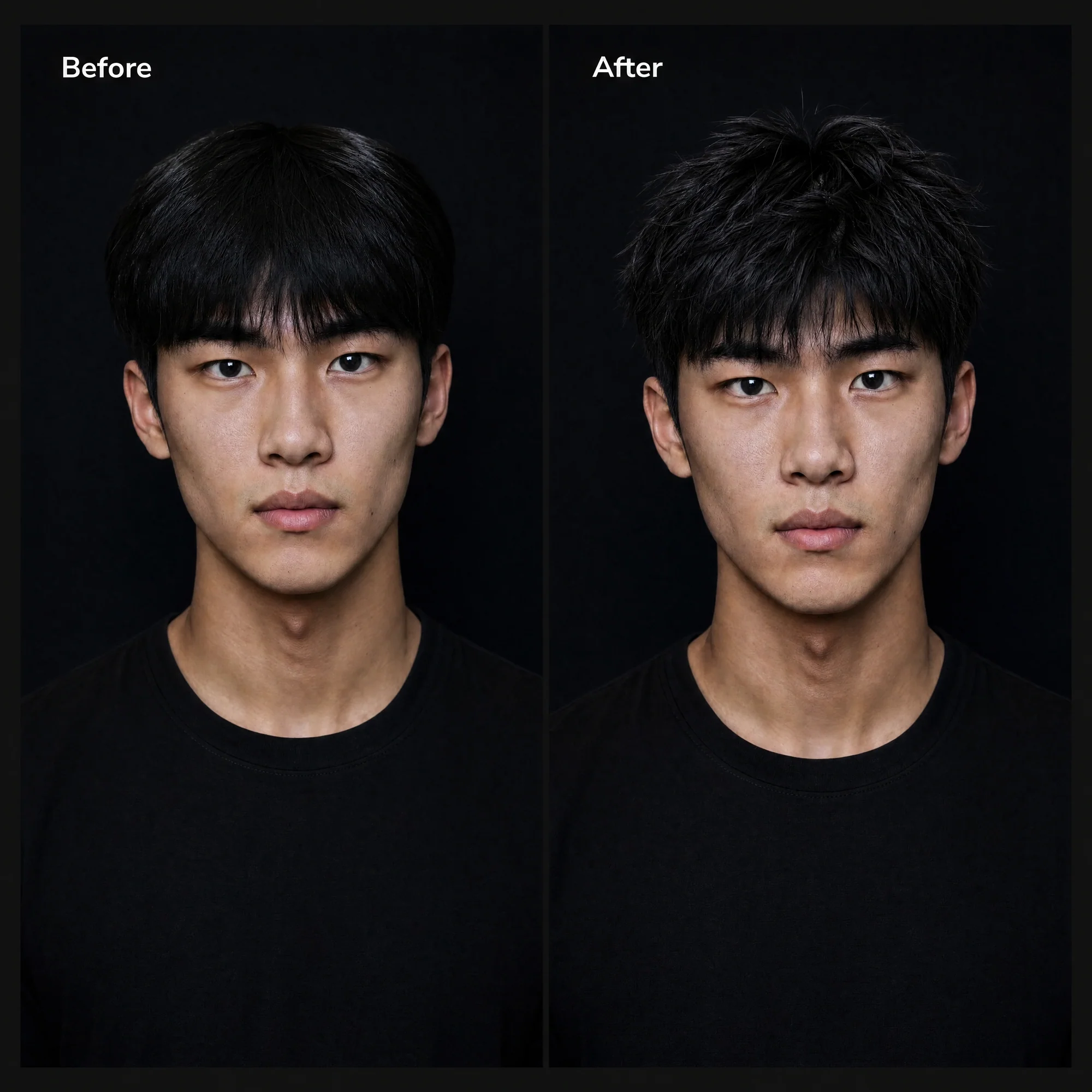 Before and after comparison showing hair styled with BlackMask