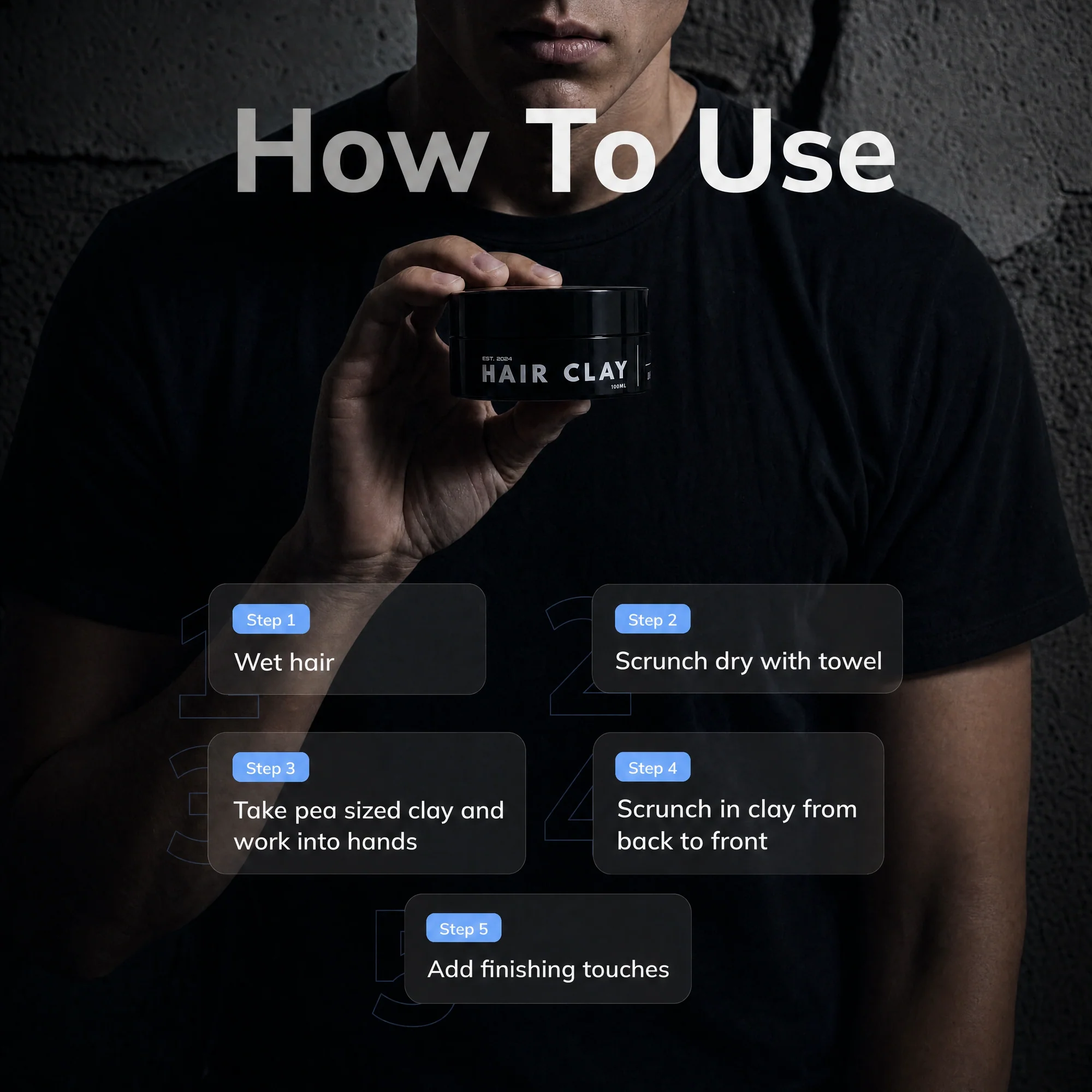 Five-step guide showing how to use BlackMask Hair Clay